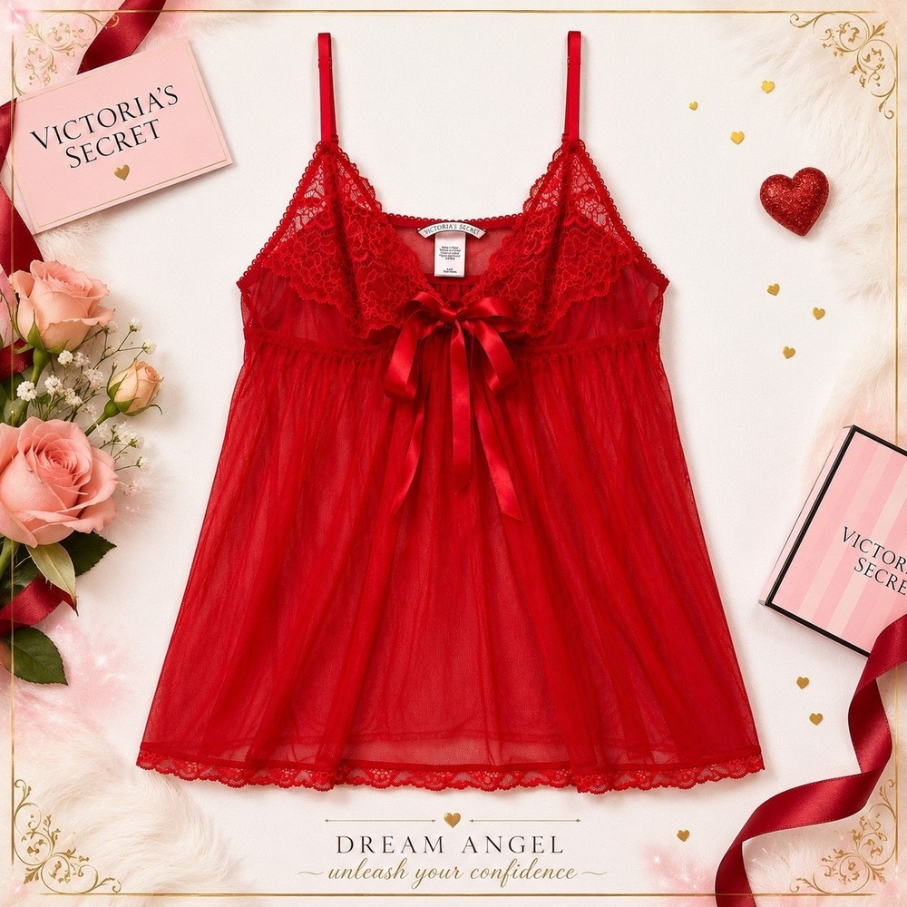 Victoria's Secret Sheer Lace Babydoll Chemise L Red Satin Bow Lingerie Nightgown